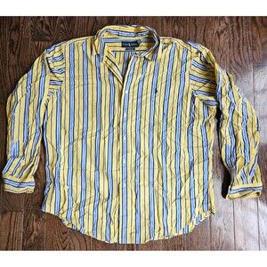 Ralph Lauren Long Sleeve Shirt Mens XL Yellow Stripe Classic Fit Polo Blue Pony
